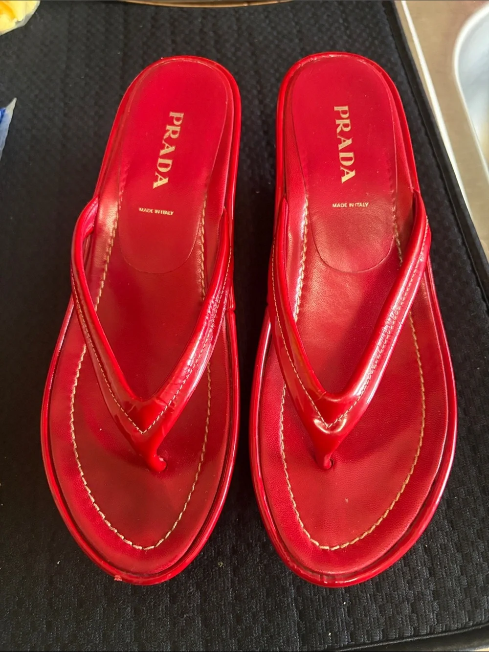 PRADA Red Patent Leather Thong wedge sandals